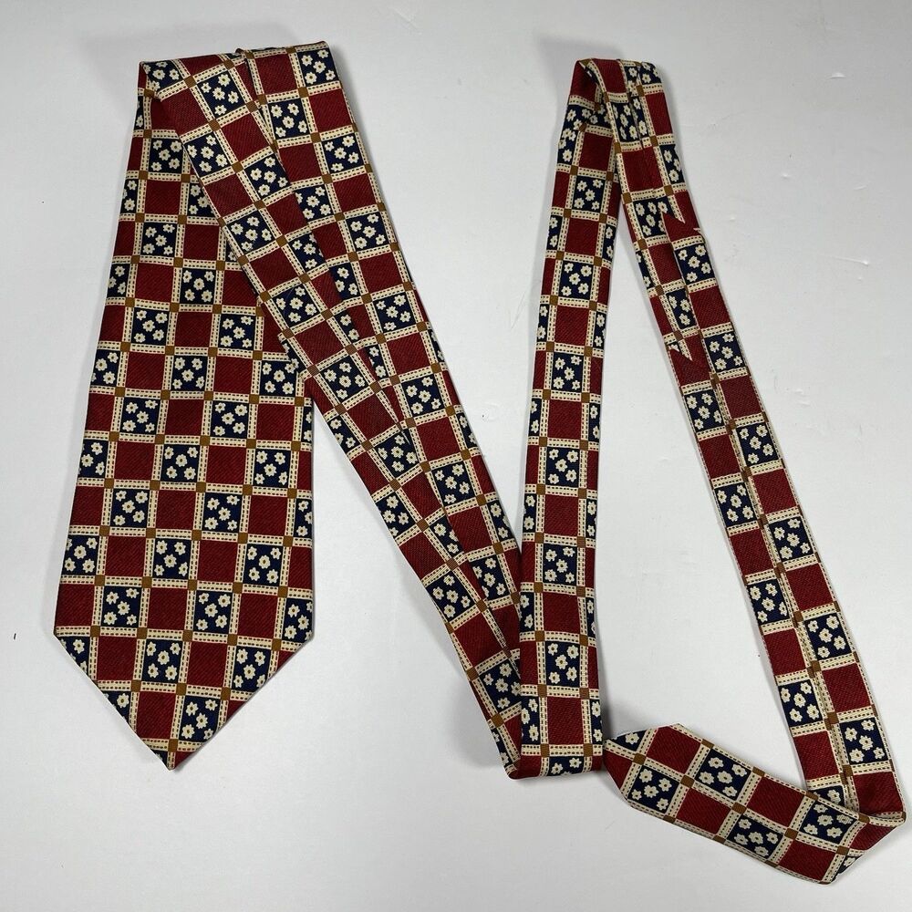Vintage Christian Dior Cravate Silk Tie Red Blue Geometric Floral Made in Canada